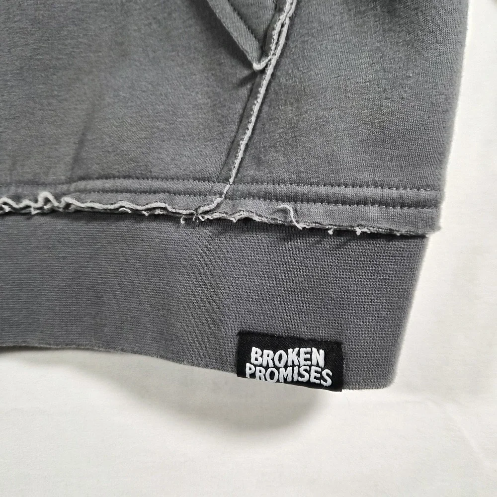 Broken Promises Men's Small Gray Distressed Graphic Full Zip Hoodie Goth Grunge